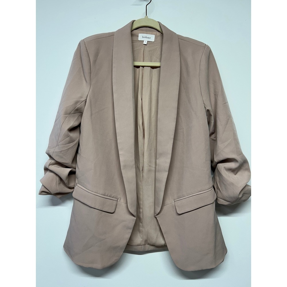 Böhme Ruched Sleeve Blazer Taupe Open Front Career Jacket Small - Picture 2 of 5